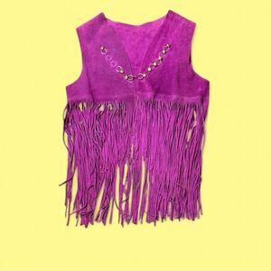 Electric Purple Vintage suede Fringe Vest with gold metal Accents